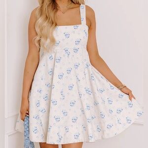 NEW - Peach Love - White Denim with Blue Bouquets Mini Sun Dress - Womans Small